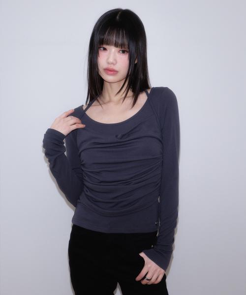 Drape Layered Halter Long Sleeve [Charcoal]
