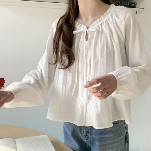 봄신상) 멜로우 셔링 프릴 블라우스