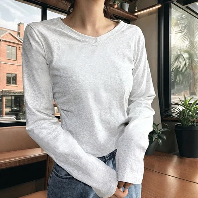 [🚀당일출고] 여리여리 슬림핏 데일리 심플 브이넥 봄 가을 긴팔 티셔츠 - 3color