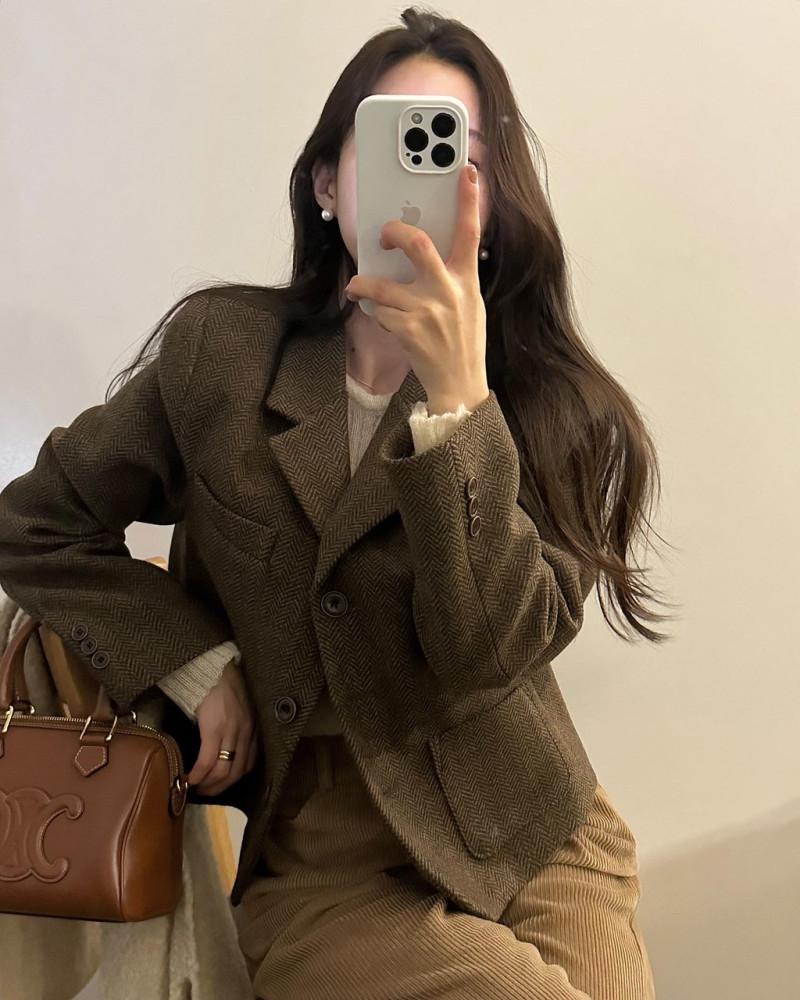 아렌 여성 가을 겨울 간절기 울 크롭 숏 헤링본 자켓