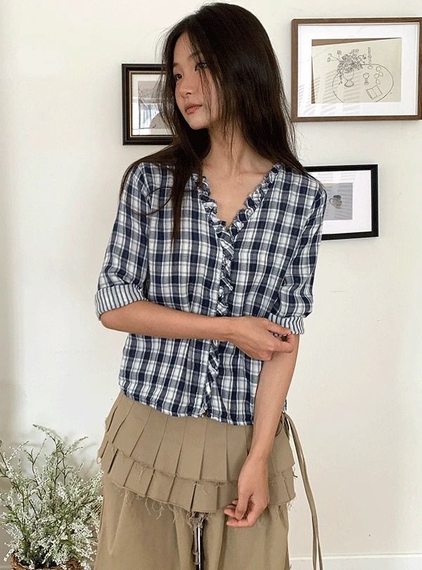 WASHED CHECK FRILL SHIRT (2C)
