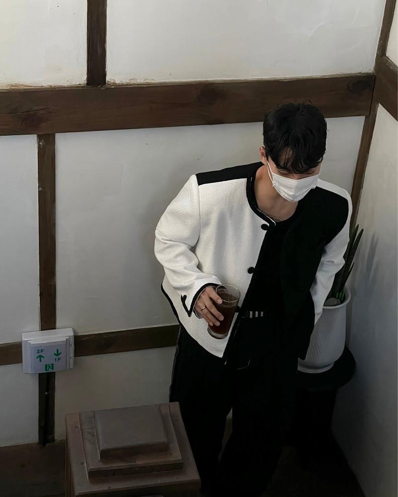 남자 하프 배색 트위드 자켓 오버핏 노카라 라인 재킷