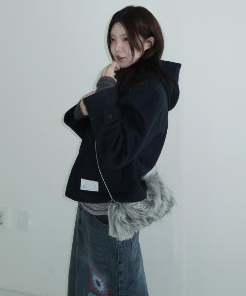 크롭 후드 울 더플 코트 [네이비]