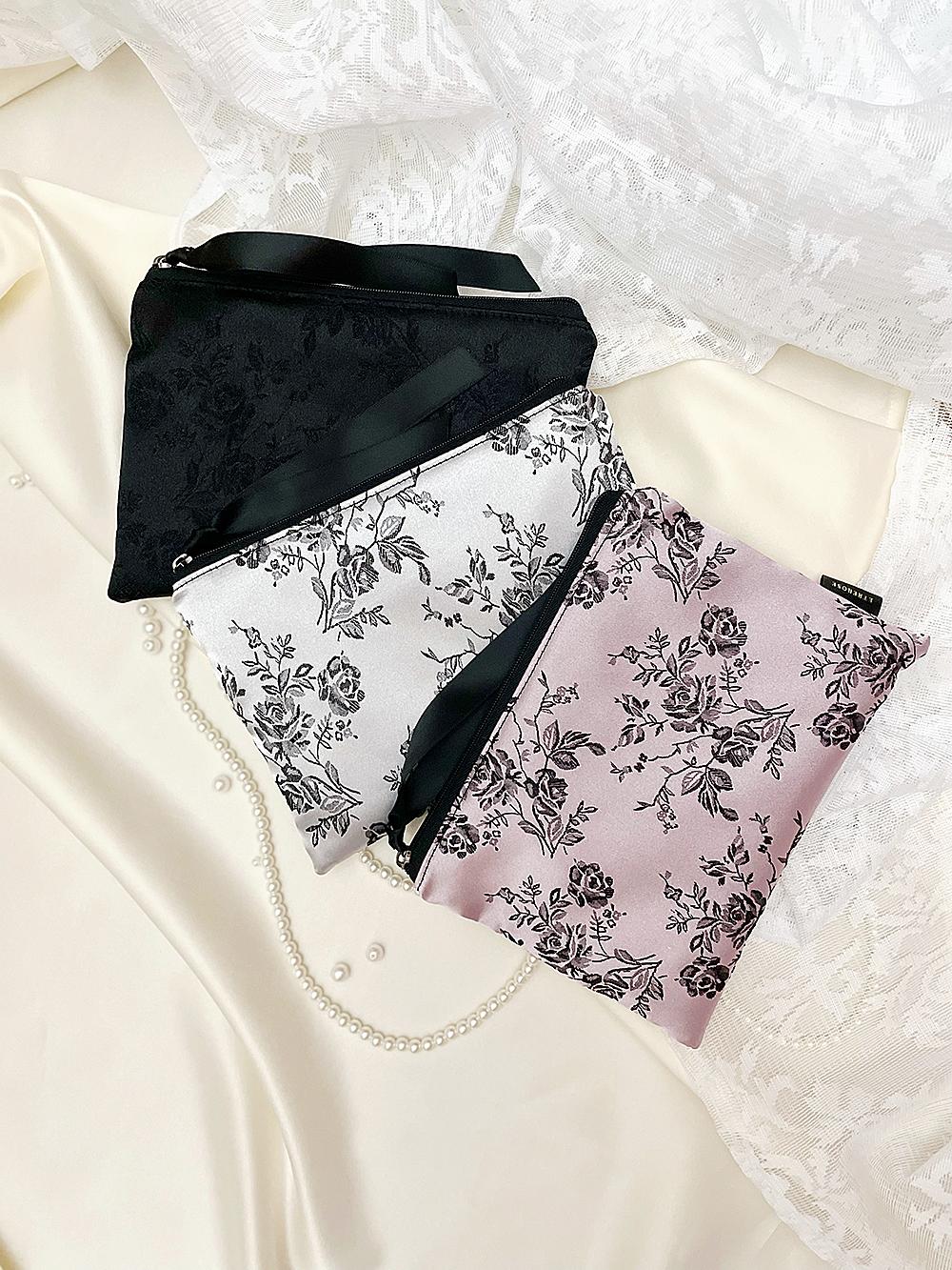 Rose Embroidery Satin Zip-pouch (M/3color)
