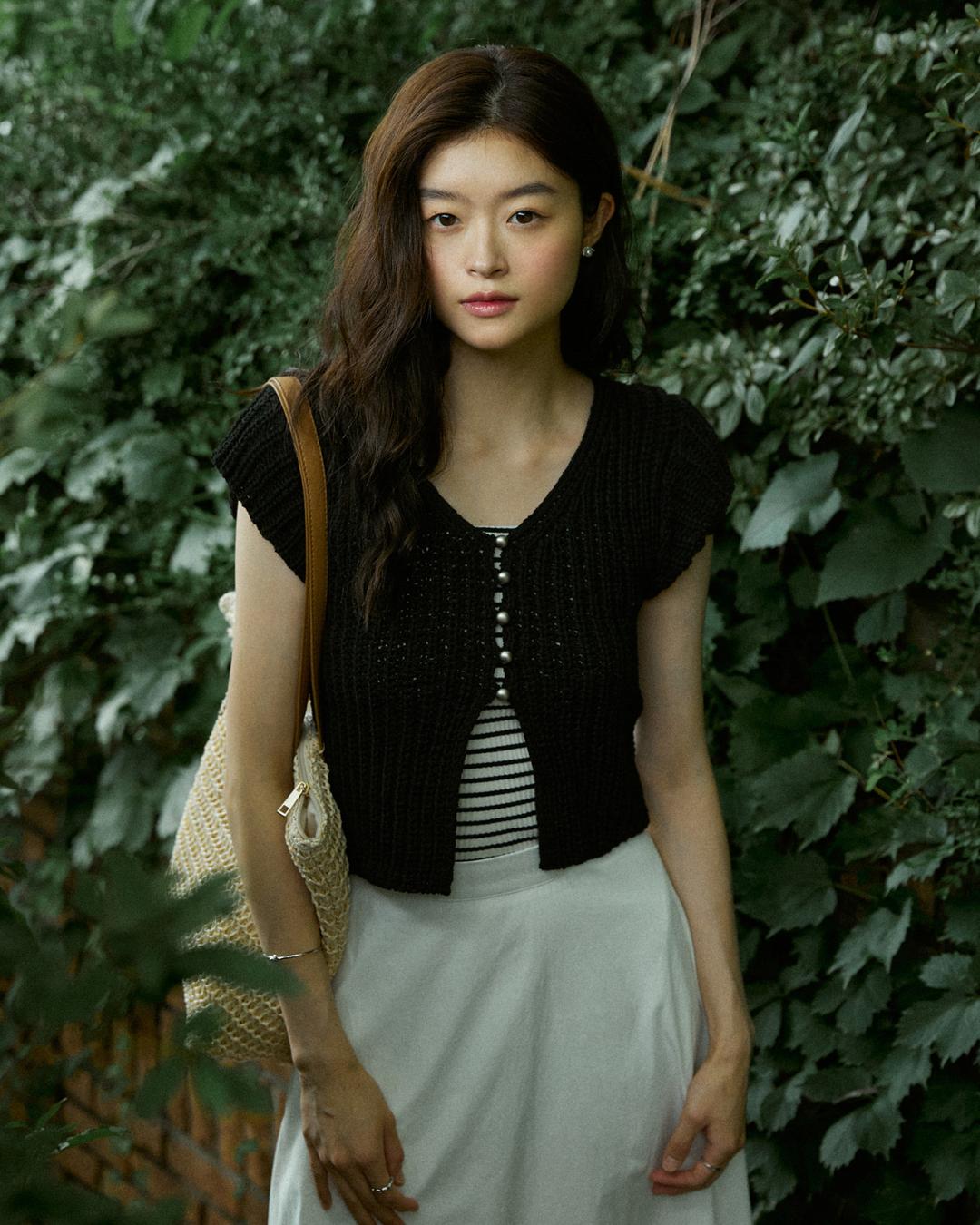 Matt button summer knit cardigan - black