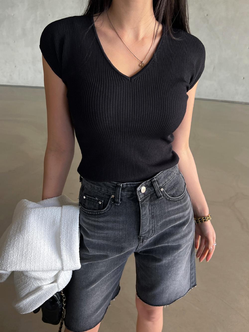 오션 브이넥 캡소매 니트