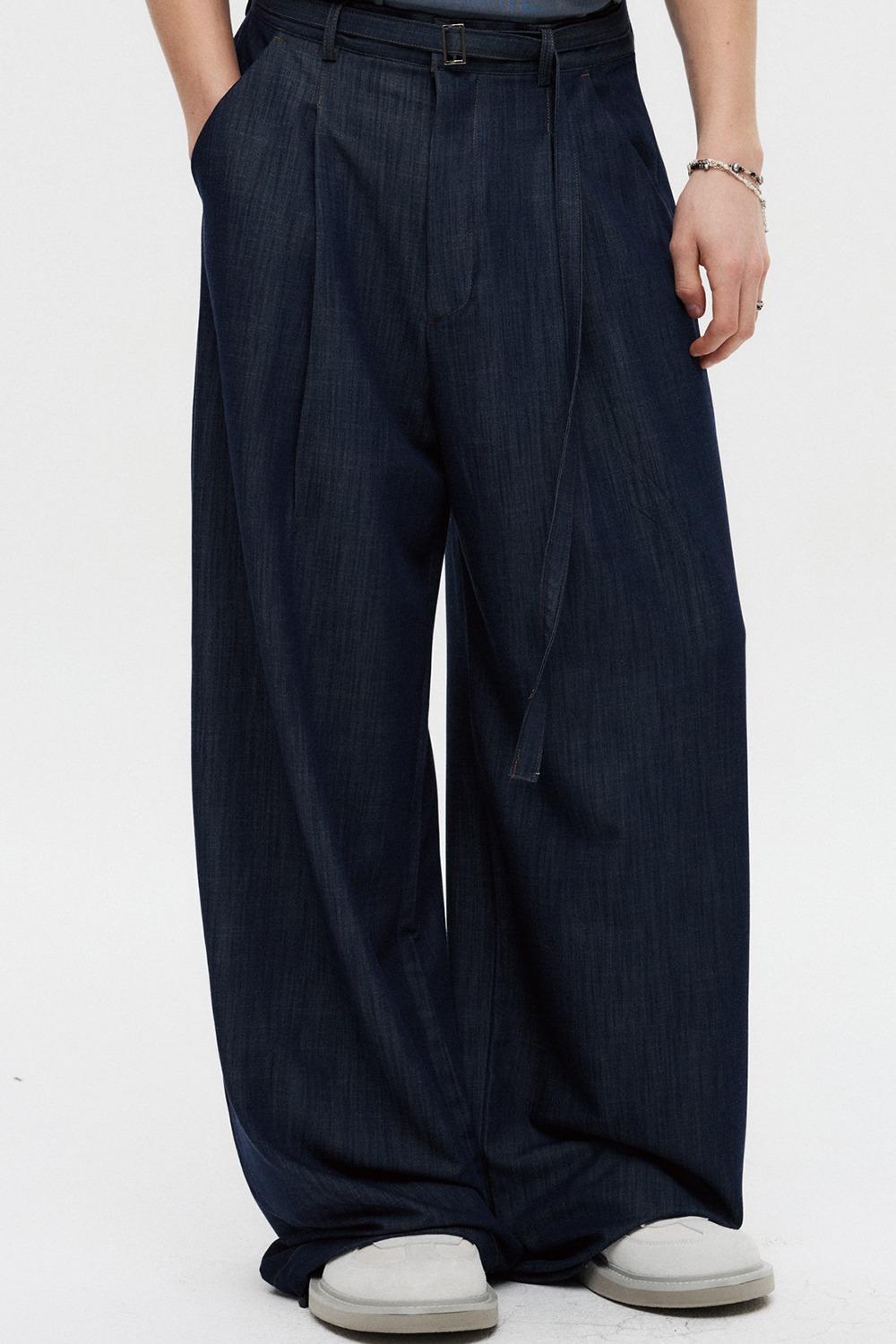 벨티드 드레이프 슬랙스 인디고