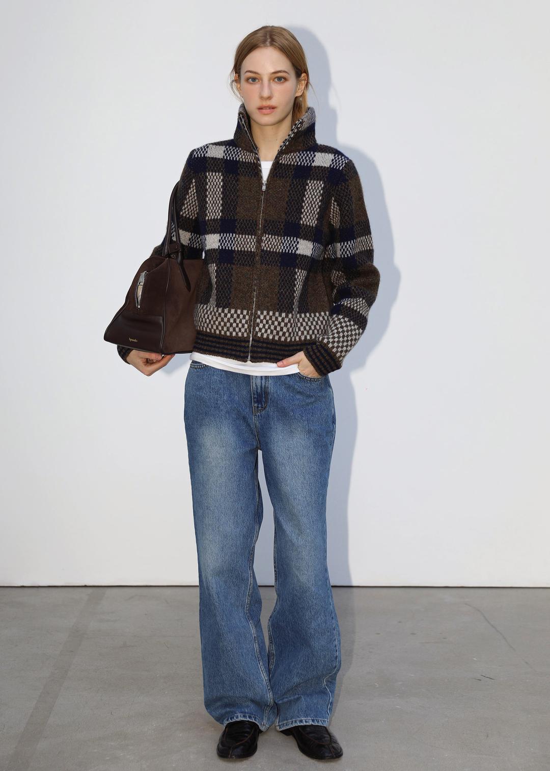 Check zip-up knit (네이비)