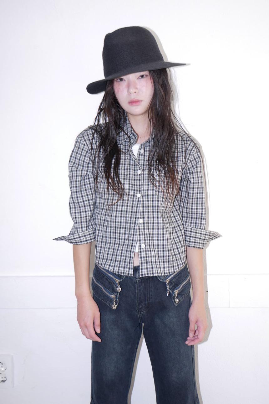 tiny crop check shirt (2color)
