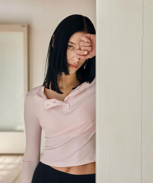 여성 요가복 DEVI-T0108-베이비핑크 필라테스 헨리넥 7부 티셔츠