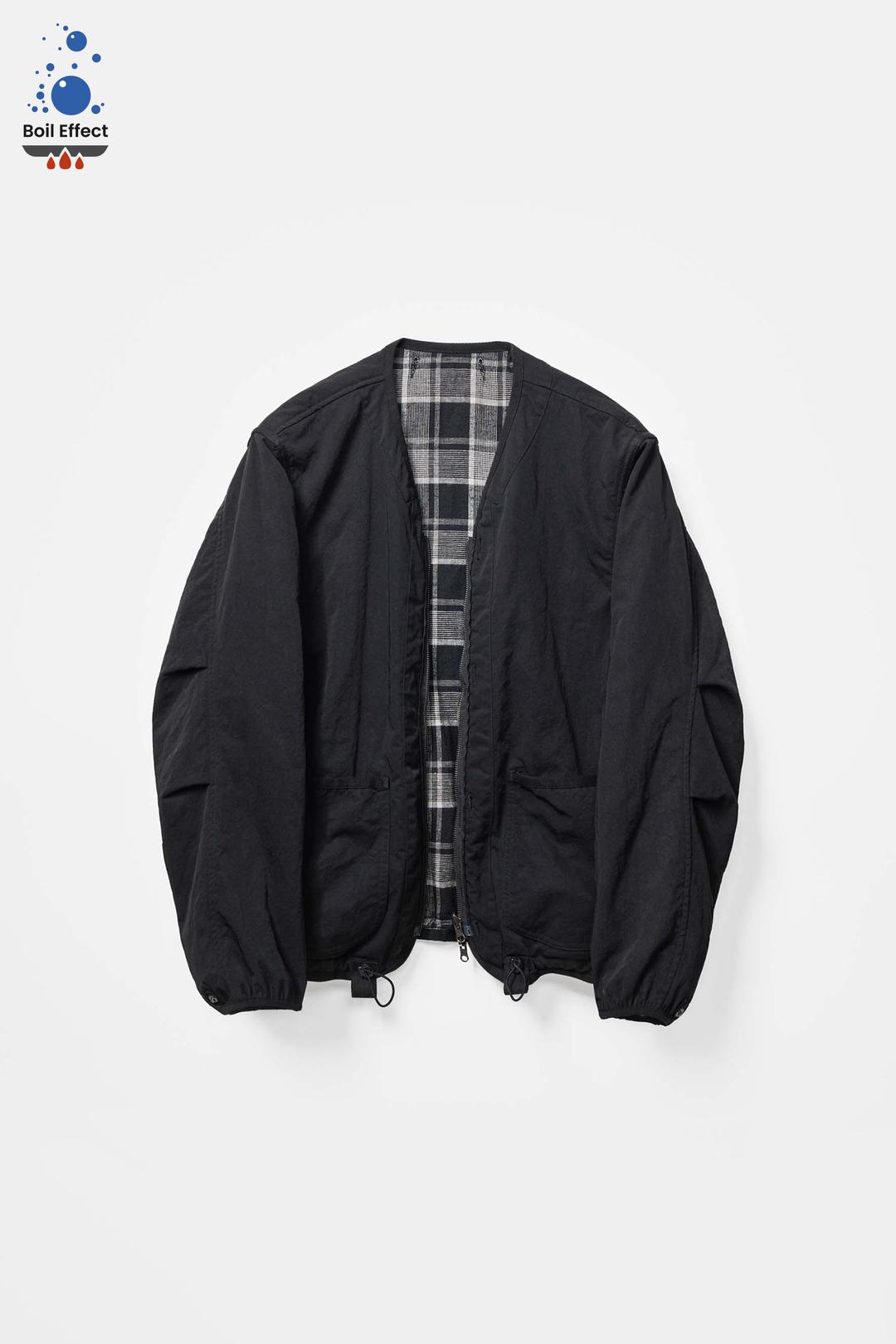 [12/16-17일 순차발송] BLACK/MONO CHECK BOIL EFFECT JAPANESE REVERSIBLE ZIP COLLARLESS CHECK JACKET V.2 (ECP GARMENT PROCESS)