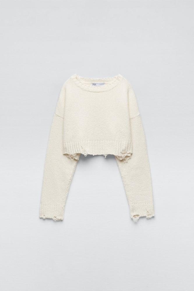 자라 공홈 디스트로이드 니트 크롭 스웨터 RIPPED KNIT CROPPED SWEATER (해은 착용)