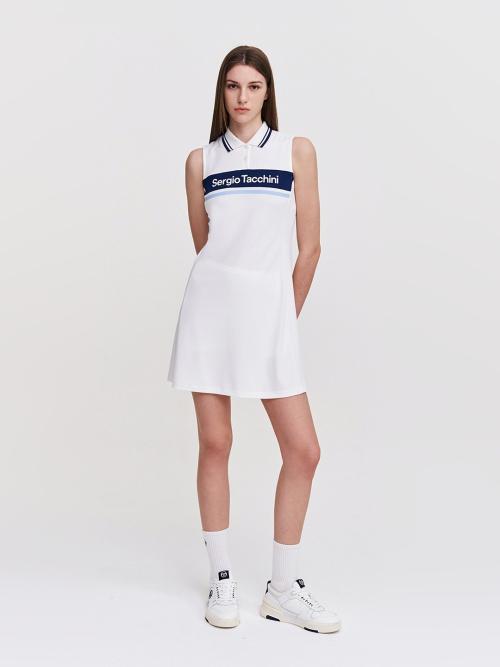 W 고트 플레어 카라넥 슬리브리스 드레스