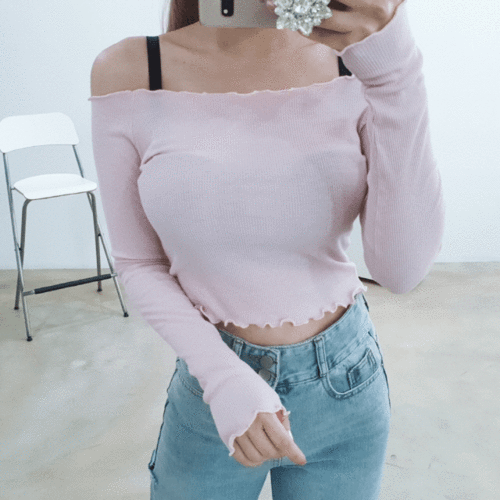 [노마진세일] 골지 슬림 프릴 오프숄더 크롭티 5색