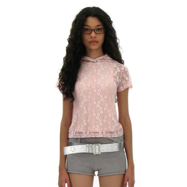 LACE HOODED SHORT SLEEVE TEE_PINK