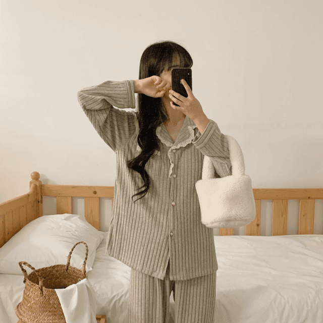 오마이핏 오뜨 골지 브라캡 긴팔 긴바지 잠옷 세트 2color 2size