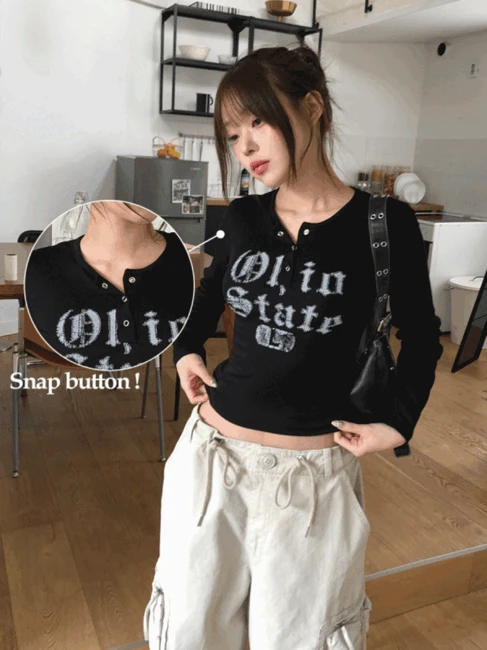[빈티지/스냅버튼💗] 스테이트 크랙 레터링 버튼 긴팔 - 3color