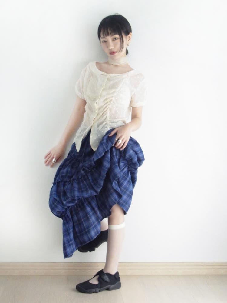 빈티지블루 체크 셔링 롱스커트