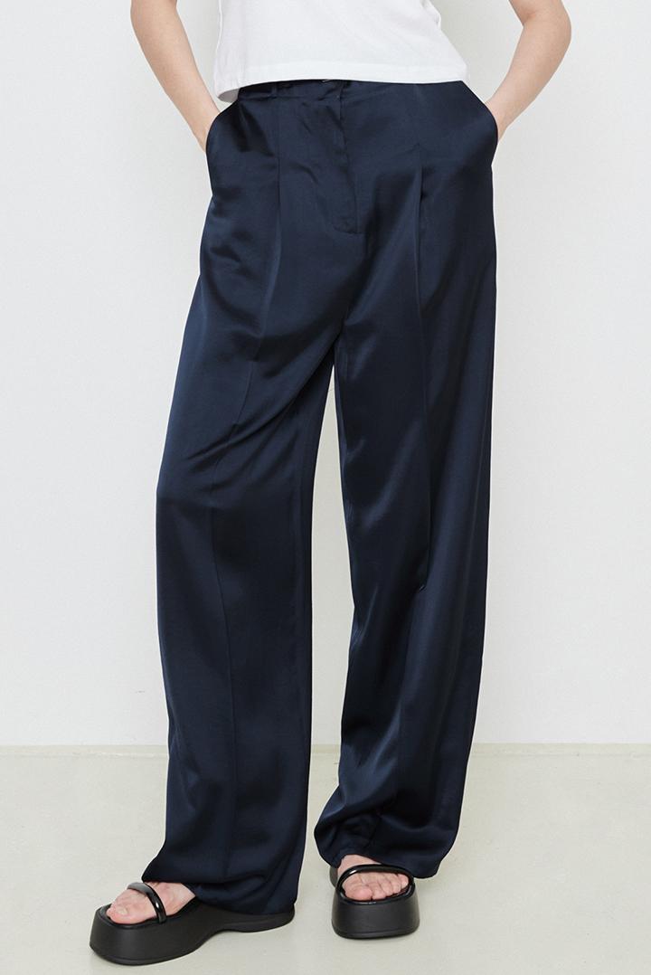 SHINY DOUBLE BELT WIDE PANTS_NAVY