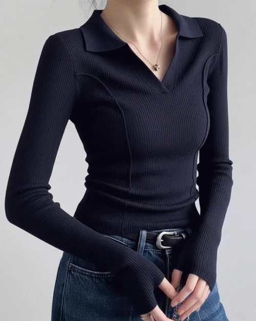 슬림핏 코아 카라 골지 니트