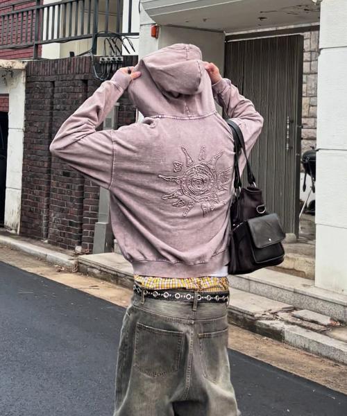WASHED SOLAR APPLIQUE ZIP UP HOODIE PINK(MG2GSFM481A)