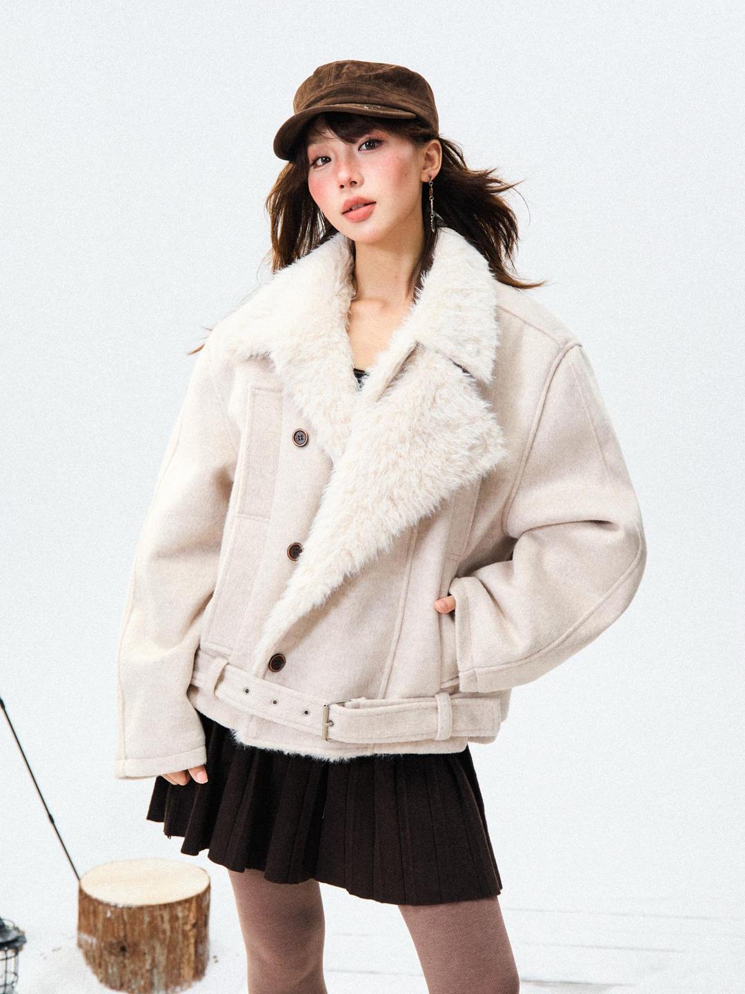 여성 겨울 더블버튼 울 두꺼운 보온 허리라인 코튼 아우터