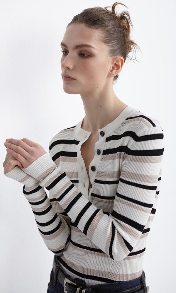 5-BUTTON PULLOVER HENLEY NECK KNIT (STRIPE)