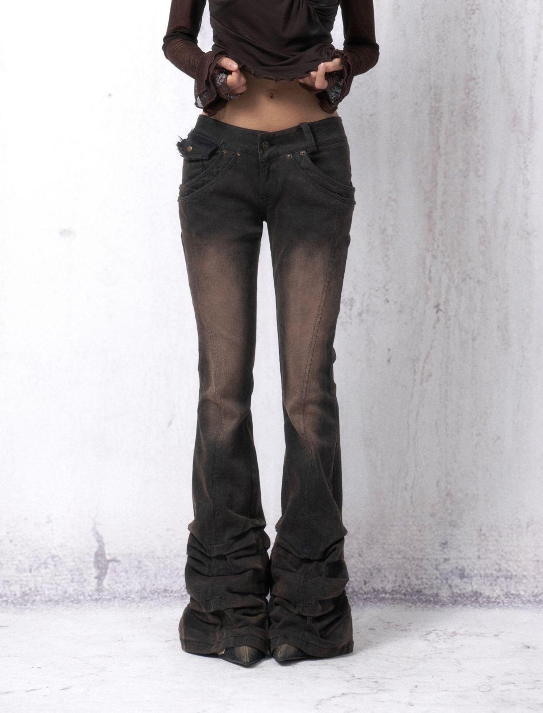 OPEN AESTHETIC  주름 빈티지 플리츠 데님 팬츠 여성용