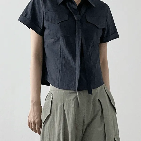 [주문 베스트] 타이 카라 슬림 롤업 하프 셔츠