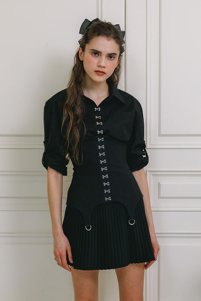 Corset hook pleats skirt set (black)