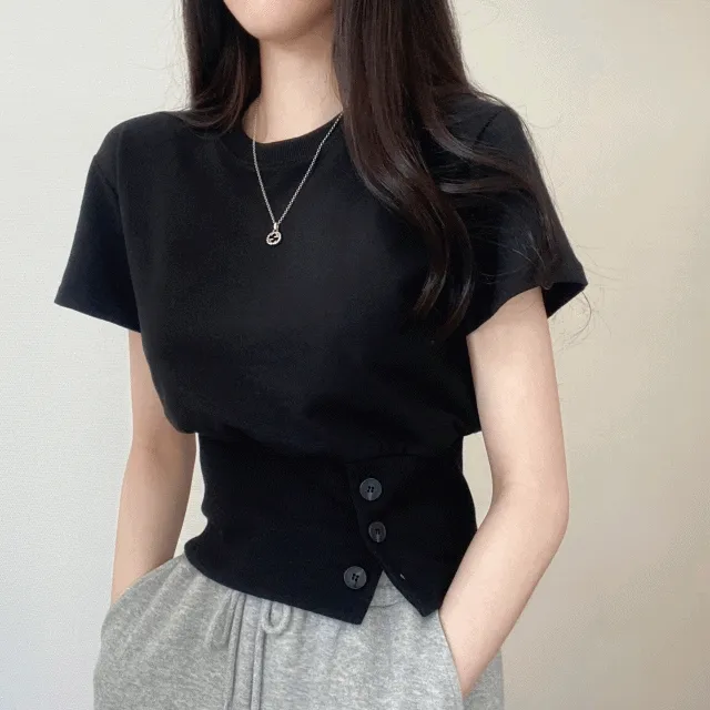 (2color)허리잘록! 버튼 반팔 맨투맨 티셔츠