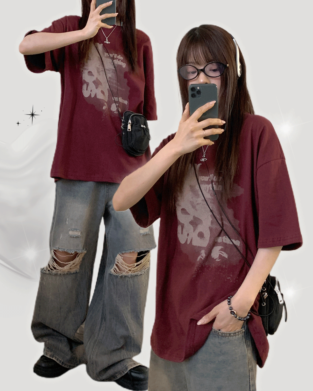 온디드 유플 나염 프린팅 오버핏 코튼 반팔 티셔츠