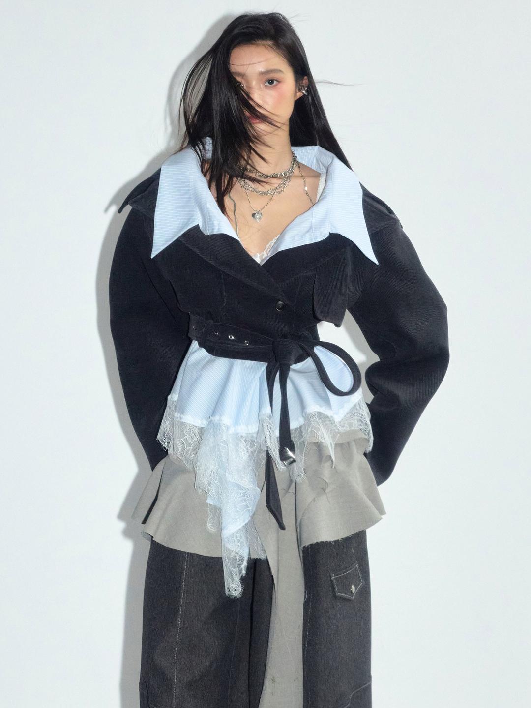 [JNYLON STUDIOS] Stripe Shirt Lace Frill Layered Jacket