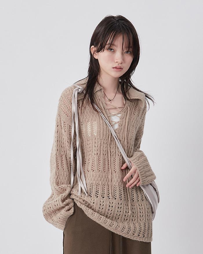 에스닉 시스루 아일렛 카라 니트웨어