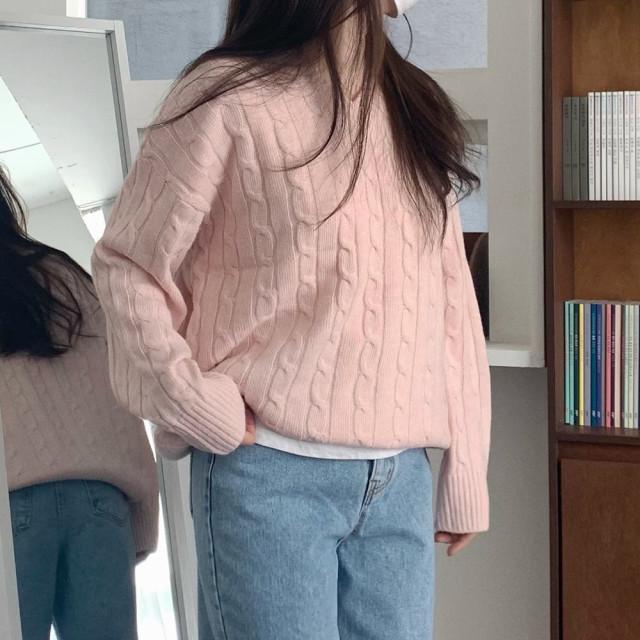 (2백장돌파) 요거트 케이블 knit 꽈배기 브이넥 루즈핏 니트 : 뮤트크레메