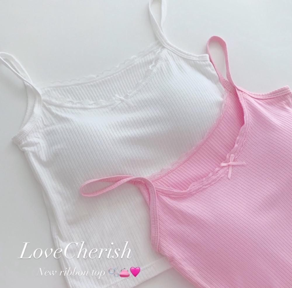 [2col] Bubble ribbon top 핑크 화이트 리본 캡내장 나시