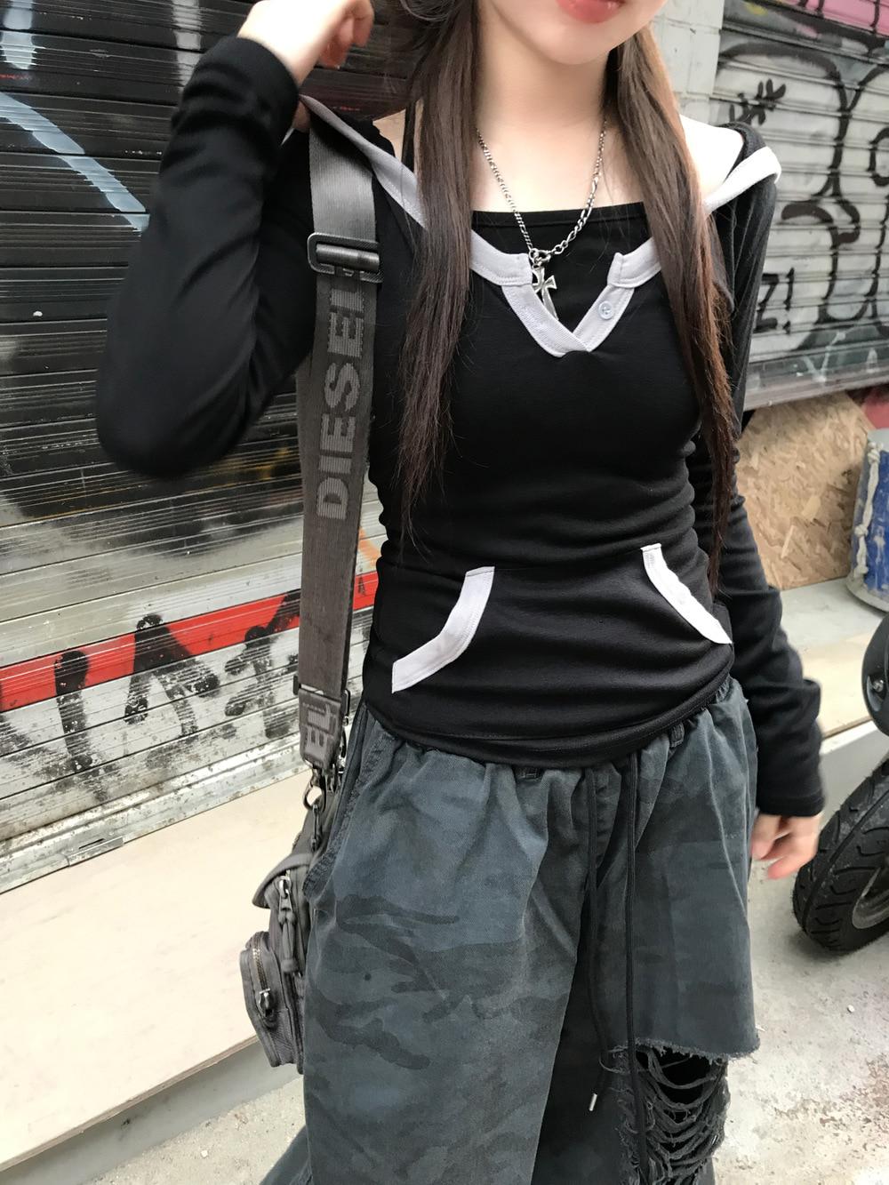 아야네 힙걸 레이어드 배색 슬림 후드티(2color)