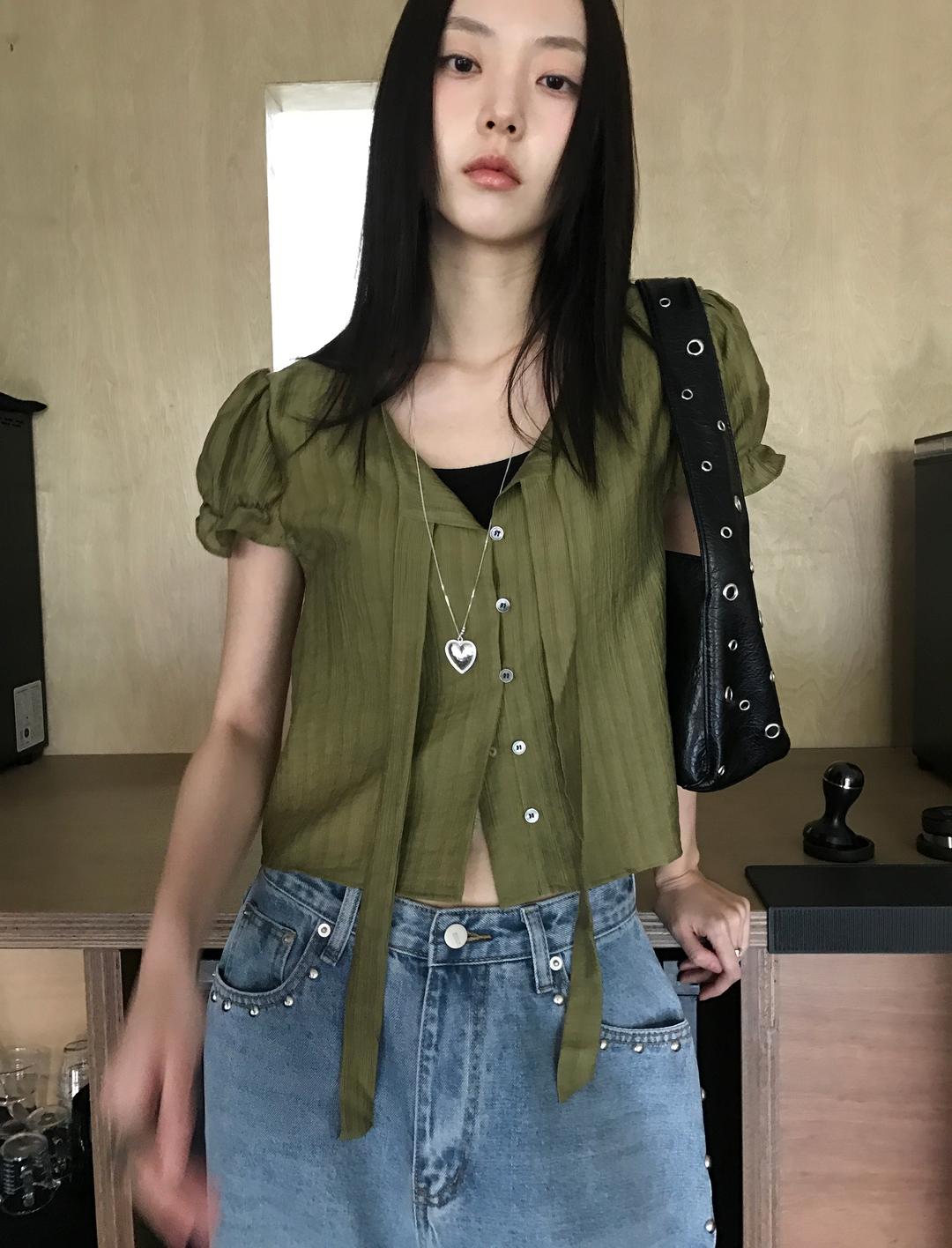 Moss Puff Tie Blouse, Olive (2c)