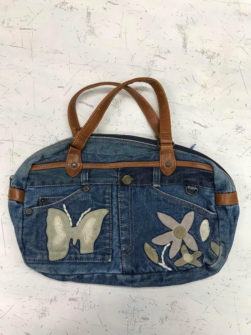 フェアリーグランジ古着  バタフライ　フラワー　スエードパッチワークデニムバッグ