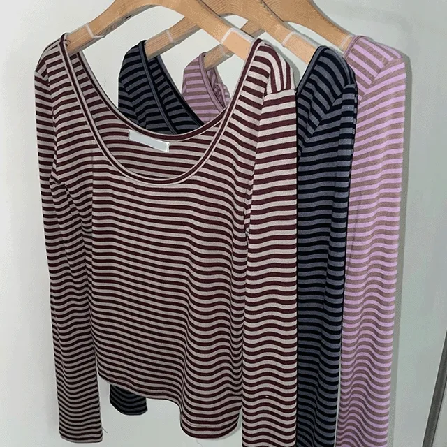 [블루당일출고/단독컬러추가!] 미니 U넥 스트라이프 긴팔 티셔츠 (4colors)