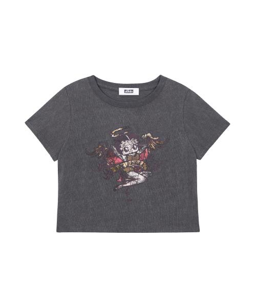 [얼킨 X 베티붑] 엔젤 타투 세미 크롭 반팔 티셔츠_차콜