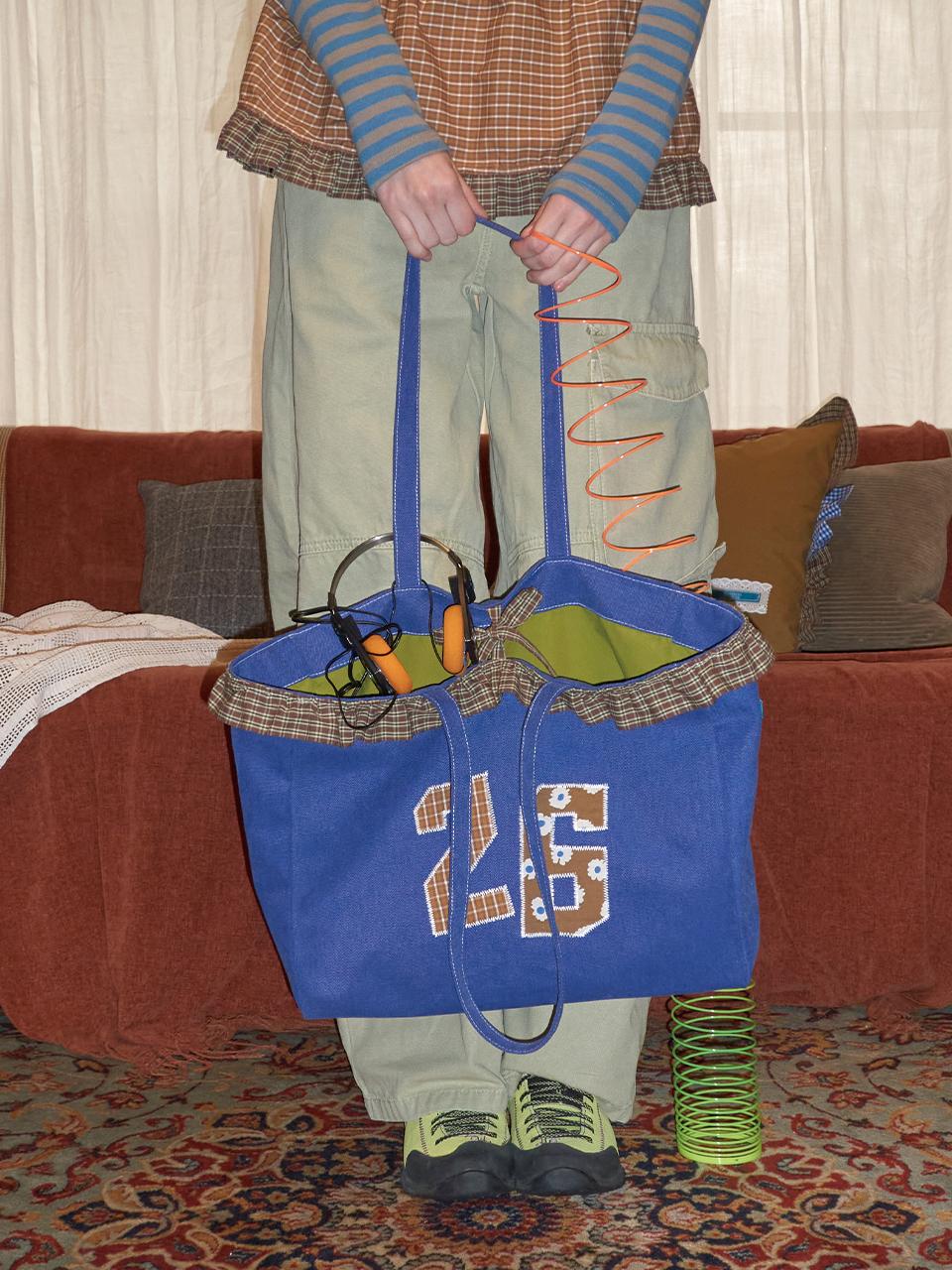 26 Check Frill canvas bag_ Denim Blue