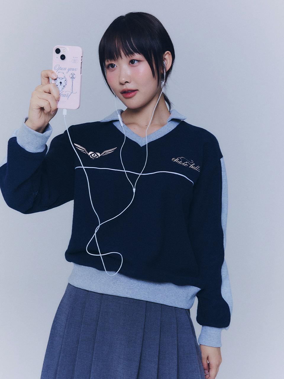 카라 배색 니트 맨투맨 - 네이비 (KARA COLOR BLOCK KNIT SWEATSHIRT - NAVY)