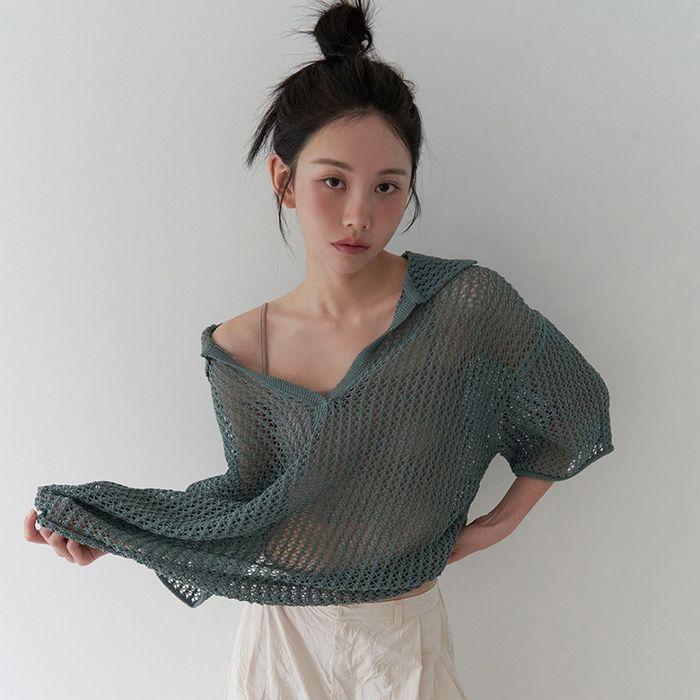 net collar half open knit_3Colors