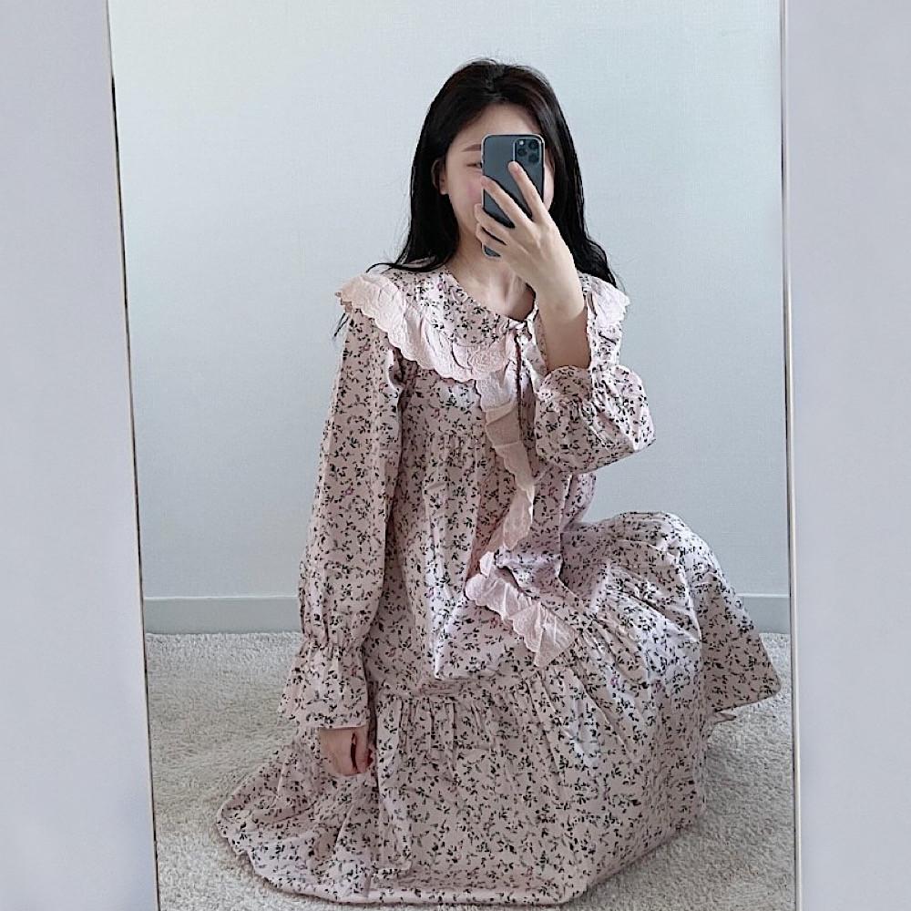 국산 고급홈웨어 순면 사계절 에델프릴 레이스 플라워 핑크 원피스잠옷