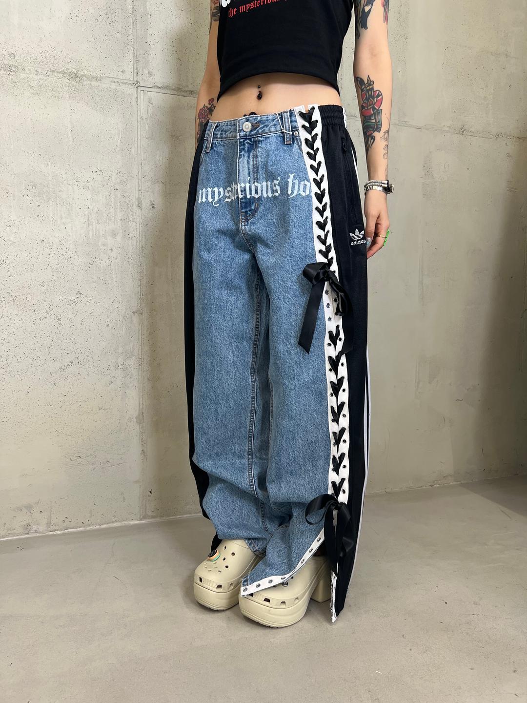 BLACK ADIDAS & FAMILY DENIM CUSTOM REWORK PANTS