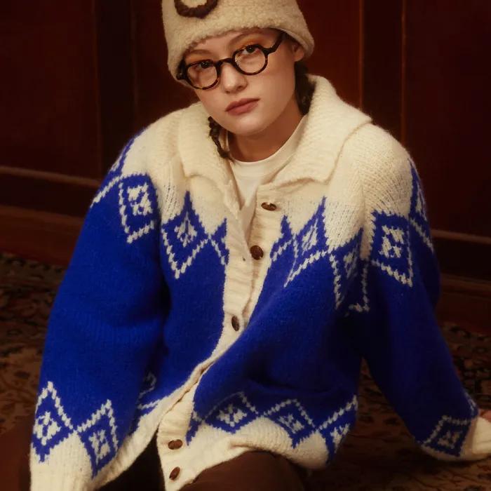 Alpaca Dia Jacquard Cardigan (Cobalt)