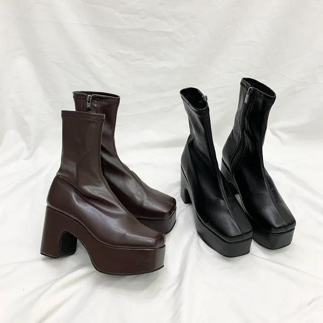 사각코 스퀘어 가보시 통굽 스판 앵클부츠힐 9cm