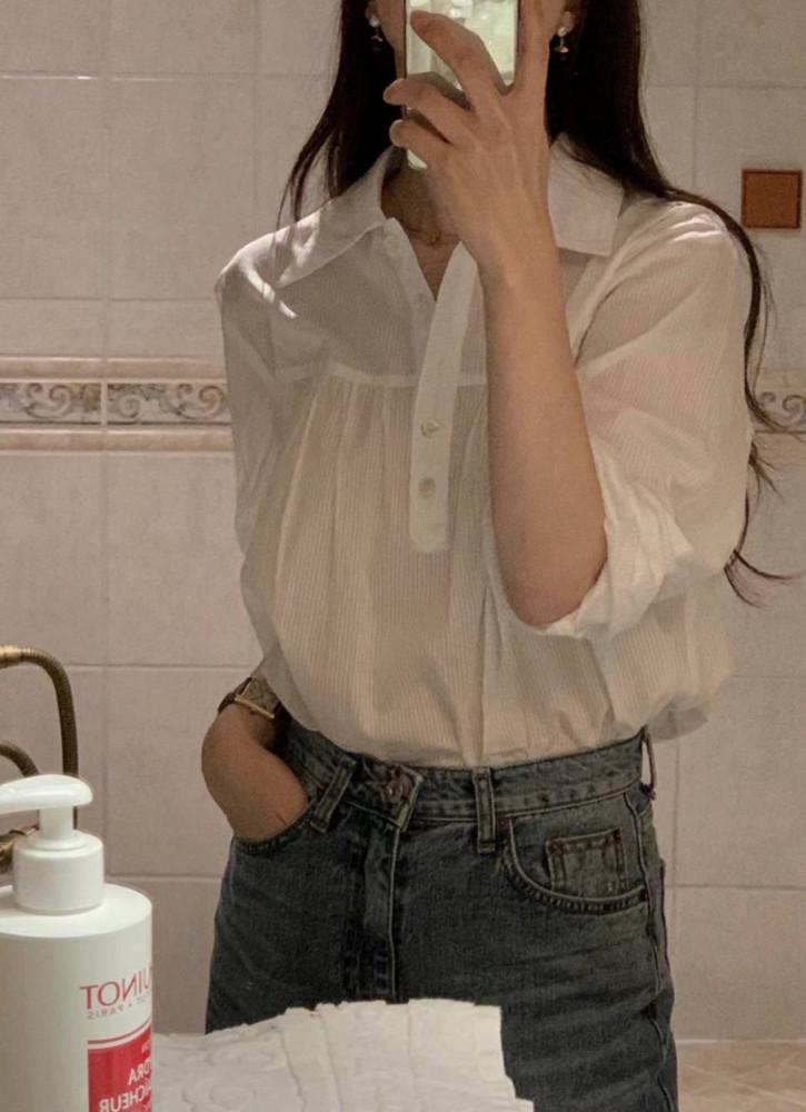 objet 오브제 제인 레이스 셔링 블라우스 코튼 카라 긴팔 잔스트라이프 bl (3 color)