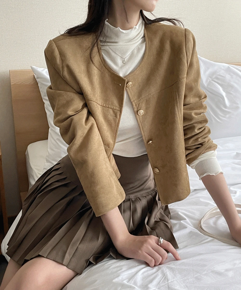 비닝 봄 가을 스웨이드 레더 노카라 크롭 자켓